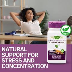 Nature's Way Ashwagandha label closeup showing a plant-based formulation.