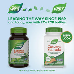 Close-up of Nature's Way Cascara Sagrada capsules highlighting vegan, non-GMO formula