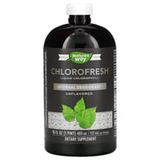 Nature's Way Chlorofresh bottle close-up, unflavored liquid for internal deodorant use.