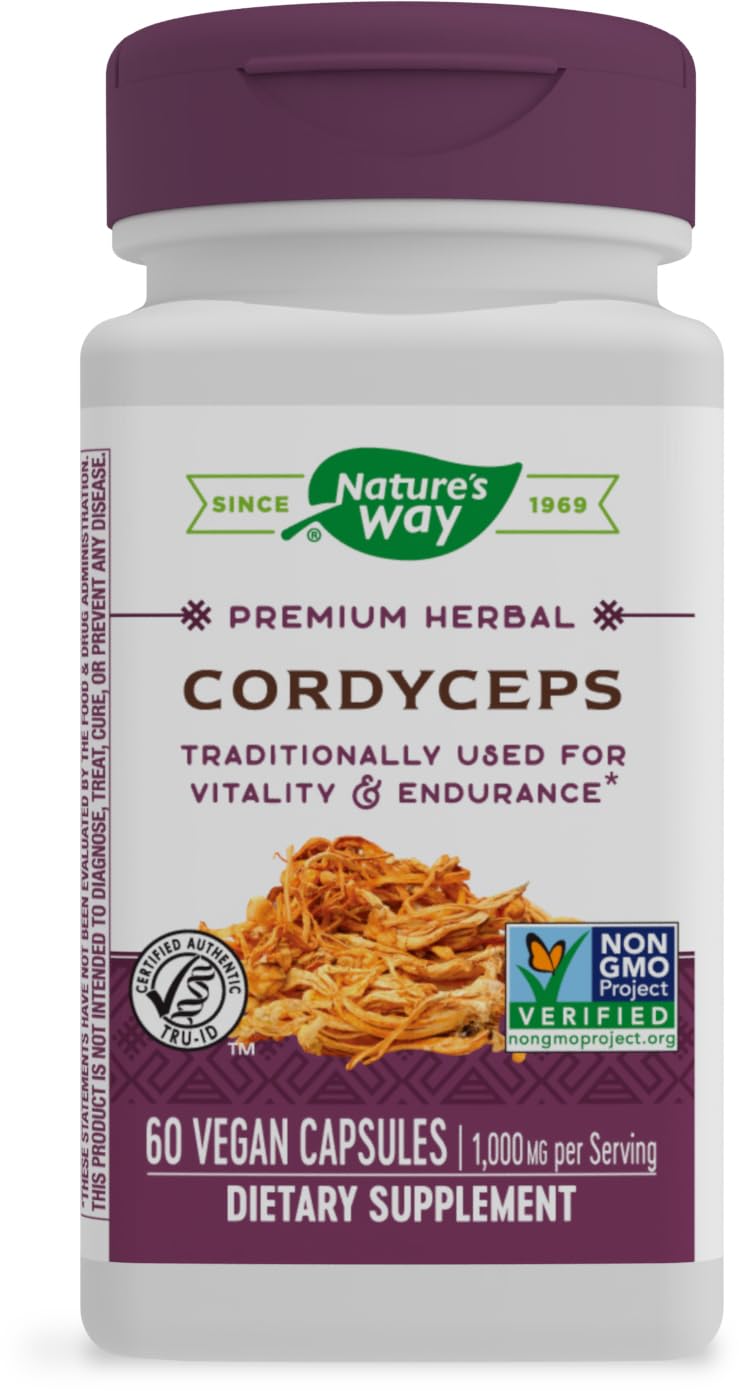 Nature's Way Cordyceps premium bottle close-up for daily vitality