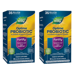 Nature's Way Fortify Optima probiotic bottle shows 30 capsules for daily balance.