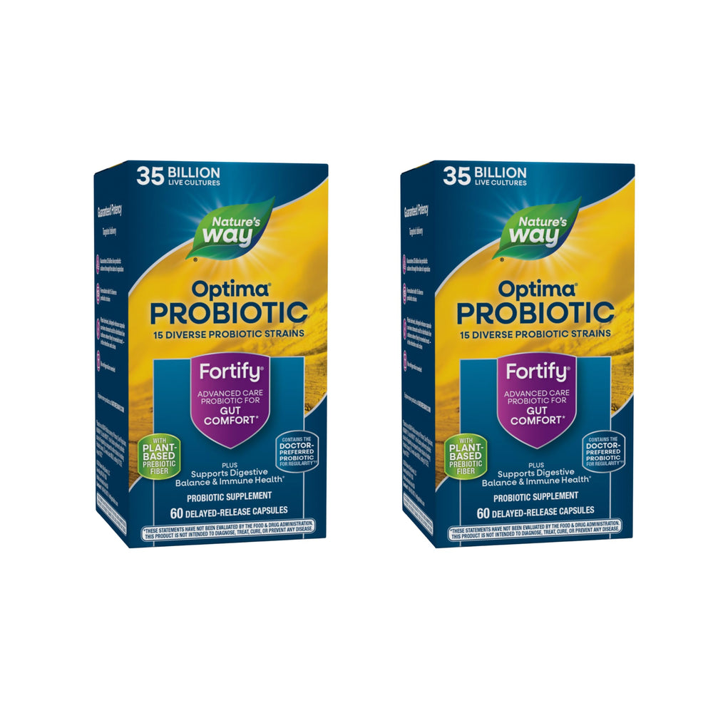 Nature's Way Fortify Optima bottle front shows 35B CFUs per serving for digestive balance.