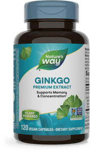 Nature's Way Ginkgo bottle label highlights premium extract for focus.