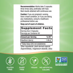 Nature's Way Hawthorn Berries bottle label close-up highlights gluten-free and Non-GMO verification.