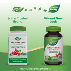 Nature's Way Hawthorn Berries capsules displaying a three-capsule serving option for daily use.