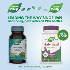 Nature's Way Holy Basil capsules illustrate vegan, gluten-free daily wellness support.