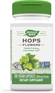 Nature’s Way Hops Flowers bottle shown as a traditional calming aid for evening routines