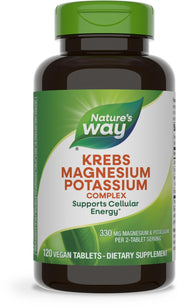 Nature's Way Krebs Magnesium Potassium bottle showing daily energy support benefits