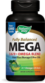 Nature's Way Mega 3/6/9 softgels bottle—easy daily omega support for skin and joints.