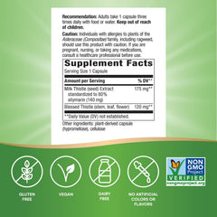 Nature's Way Milk Thistle capsules close-up showing vegan-friendly supplement.