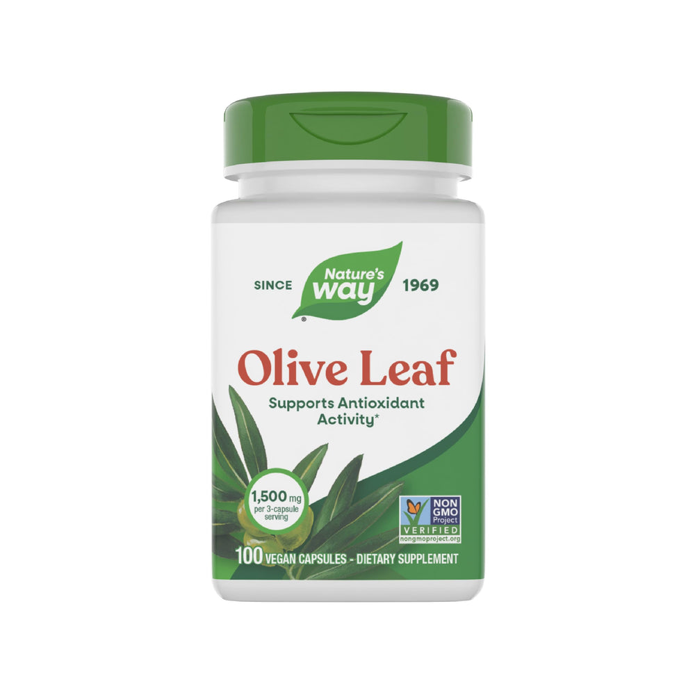 Nature's Way Olive Leaf bottle label highlights vegan, gluten-free supplement for daily antioxidant support.