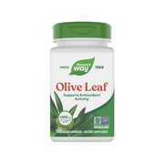 Nature's Way Olive Leaf bottle label highlights vegan, gluten-free supplement for daily antioxidant support.
