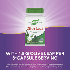 Nature's Way Olive Leaf vegan capsules emphasize a plant-based, non-GMO supplement.