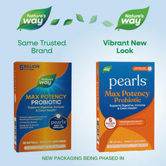 Nature's Way Pearls Max Potency softgels in hand demonstrate a compact daily dose