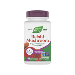 Nature’s Way Reishi capsules bottle on table suggesting immune support potential