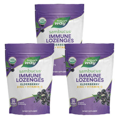 Nature's Way Sambucus immune lozenges packaging highlighting vegan, gluten-free wellness.