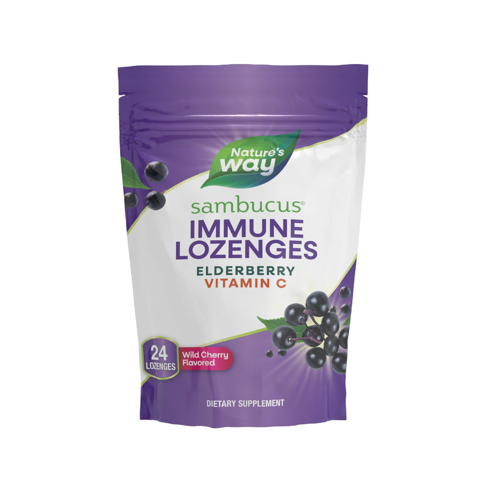 Nature's Way Sambucus lozenges bottle with wild cherry flavor for daily immune wellness.