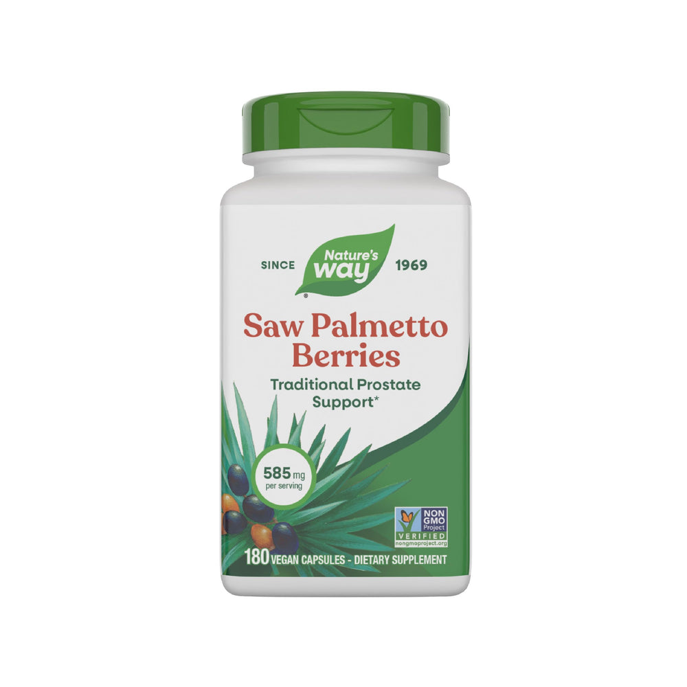 Nature's Way Saw Palmetto berries bottle illustrating traditional prostate support for daily wellness.