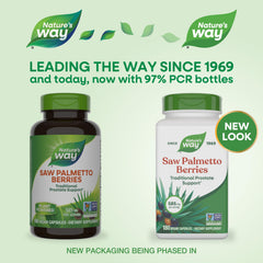 Nature's Way Saw Palmetto label highlighting ripe berries and vegan credentials.