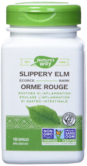 Nature's Way slippery elm bark capsules front view, 400 mg per capsule, for GI comfort.