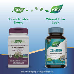 Close-up of Nature's Way Valerian Premium Extract label showing Non-GMO and gluten-free