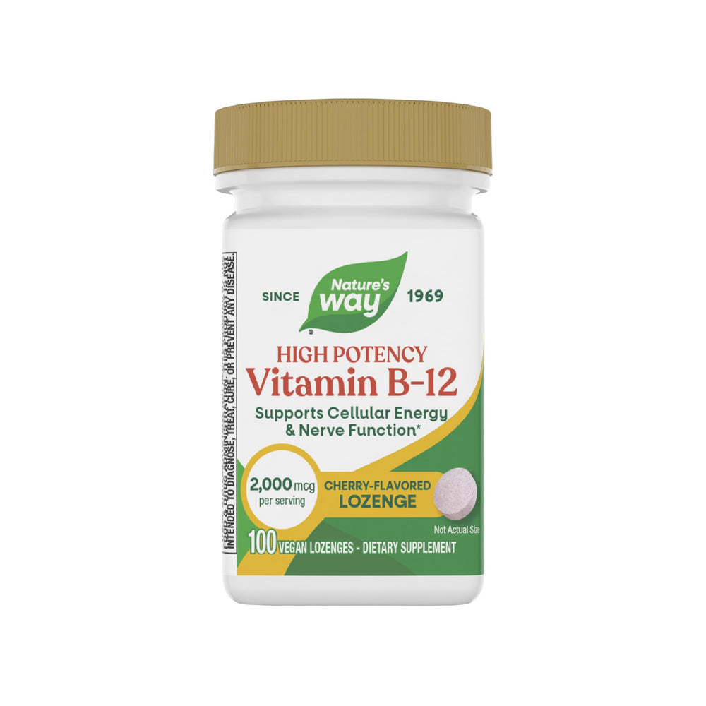 Nature's Way Vitamin B-12 lozenges packaging showing 100-count bottle for daily use