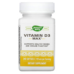 Nature's Way Vitamin D3 Max bottle highlights high-potency D3 for bones.