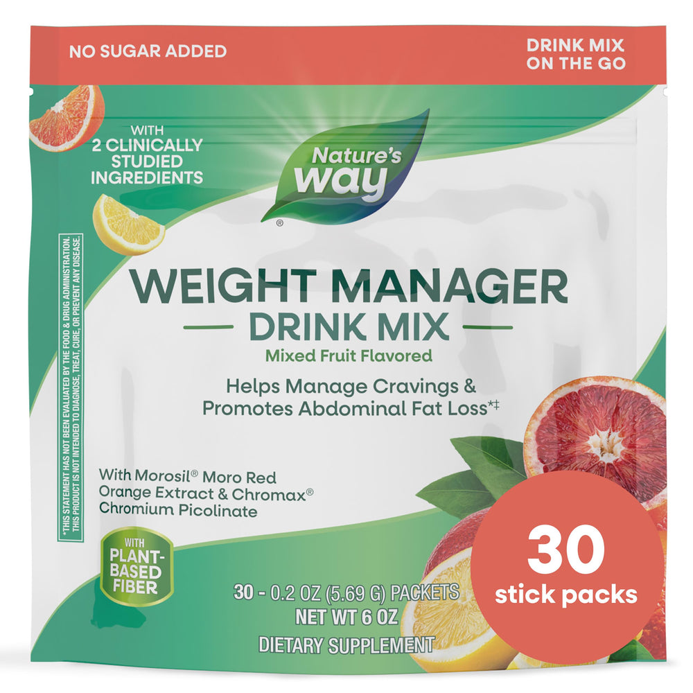 Nature's Way Weight Manager packets being poured for cravings support.