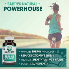 Natures Wellness Spirulina bottle label highlights sustainably grown, pesticide-free production.