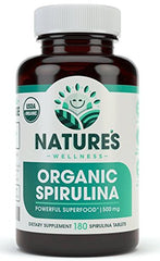 Natures Wellness Spirulina tablets front view with USDA Organic label for daily green nutrition.