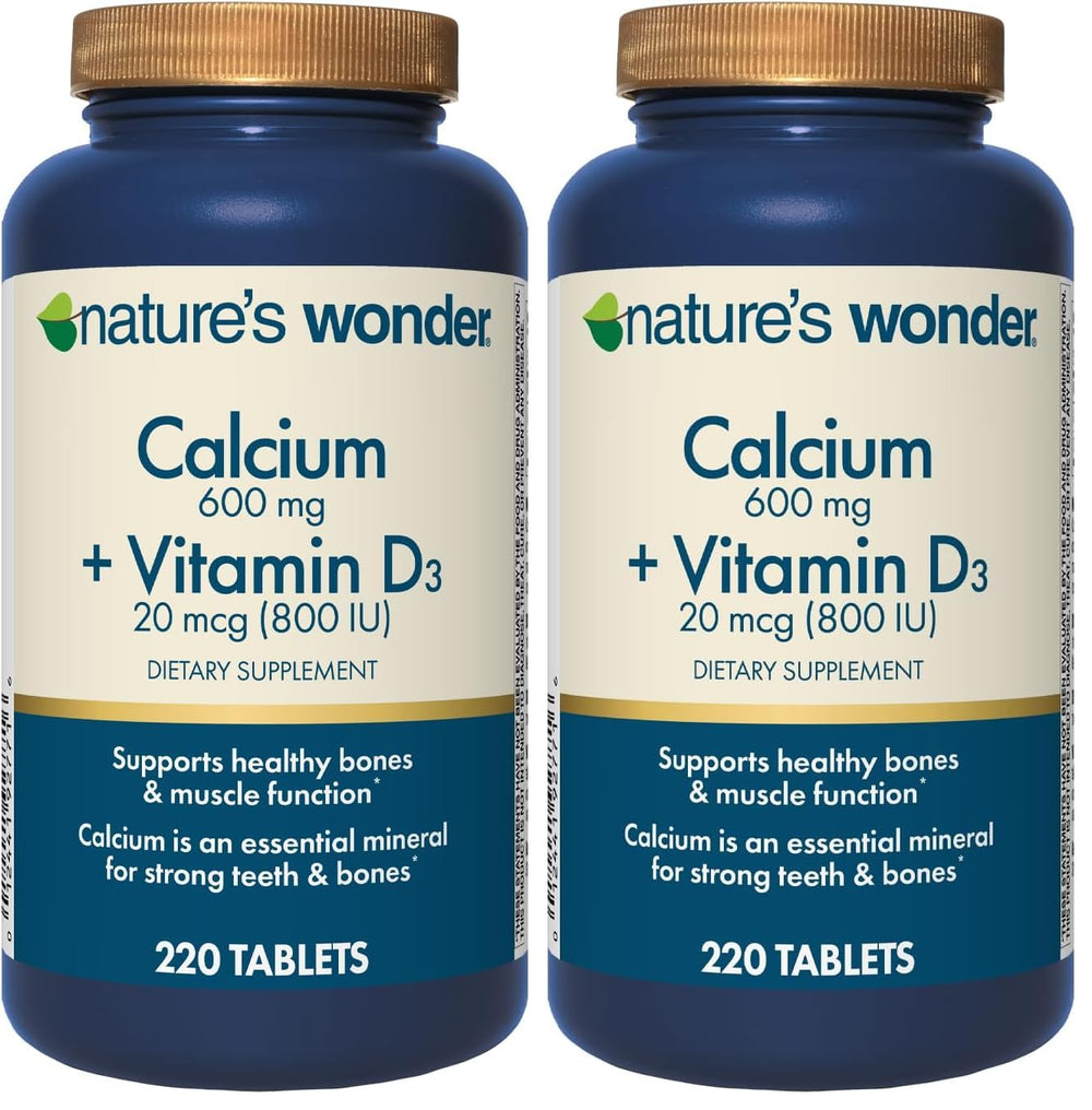 Nature's Wonder Calcium 600 mg bottle front, clear daily bone support visuals
