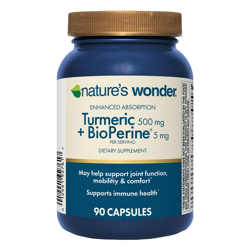 Nature's Wonder Turmeric bottle front showing logo and 500mg formula for enhanced absorption