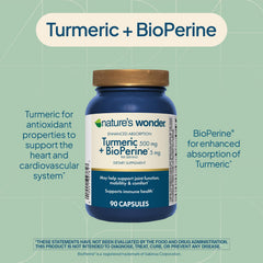 Close-up of Nature's Wonder Turmeric capsules, vegetarian capsules for daily use