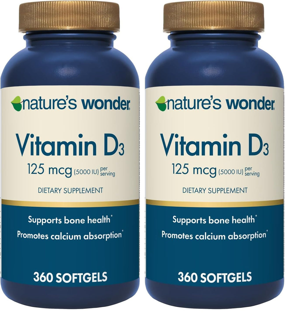 Nature's Wonder Vitamin D3 softgels bottle on shelf suggesting bone support.
