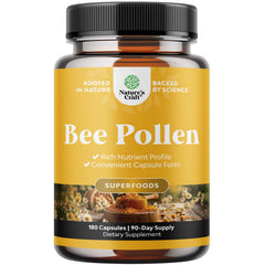 Natures Craft Bee Pollen Pills bottle displays 180 count for daily wellness.