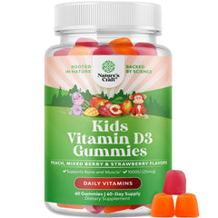 NaturesCraft Kids Vitamin D Gummies bottle showcases tasty, gelatin-free vitamin D offering daily support