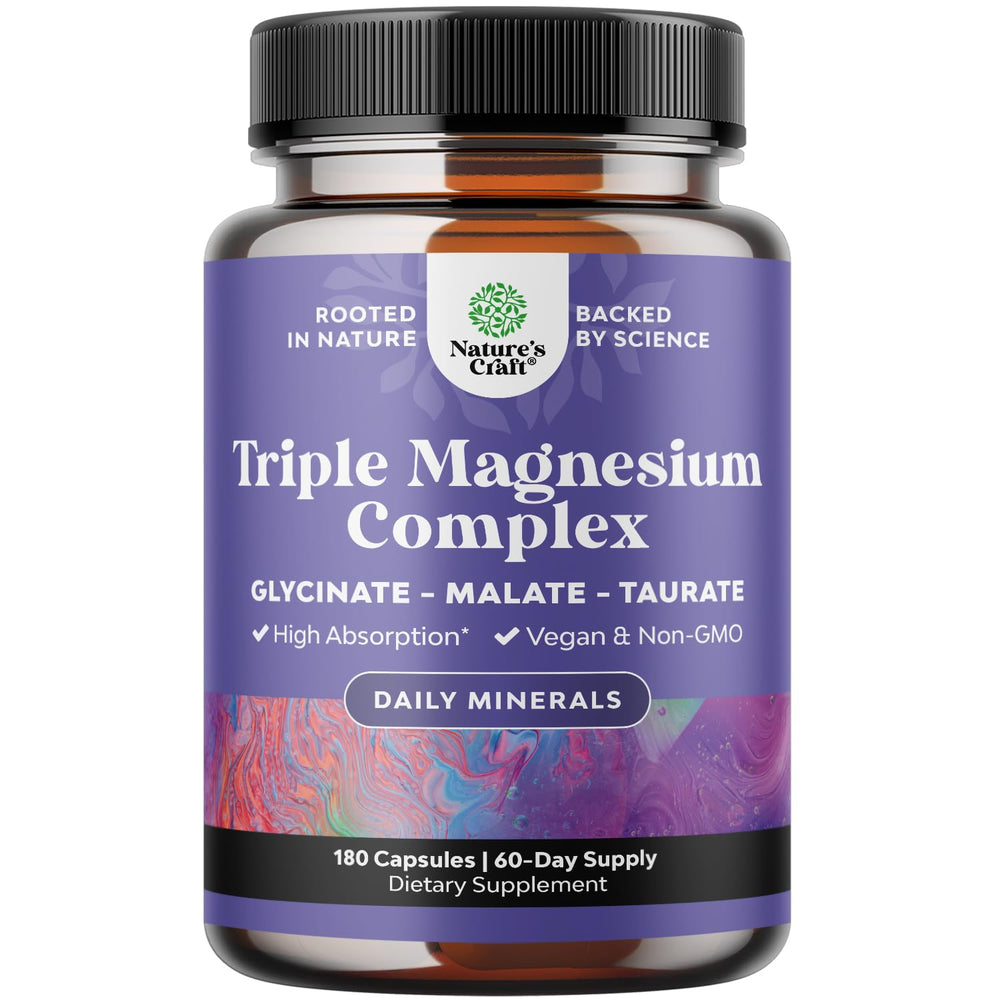 Natures Craft Triple Magnesium Complex bottle with capsules suggesting daily relaxation.