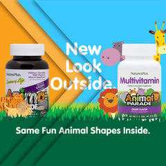NaturesPlus Animal Parade bottle side label shows gluten-free and vegan-friendly details.