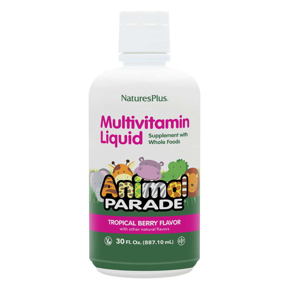 NaturesPlus Animal Parade bottle with tropical berry flavor for kids.