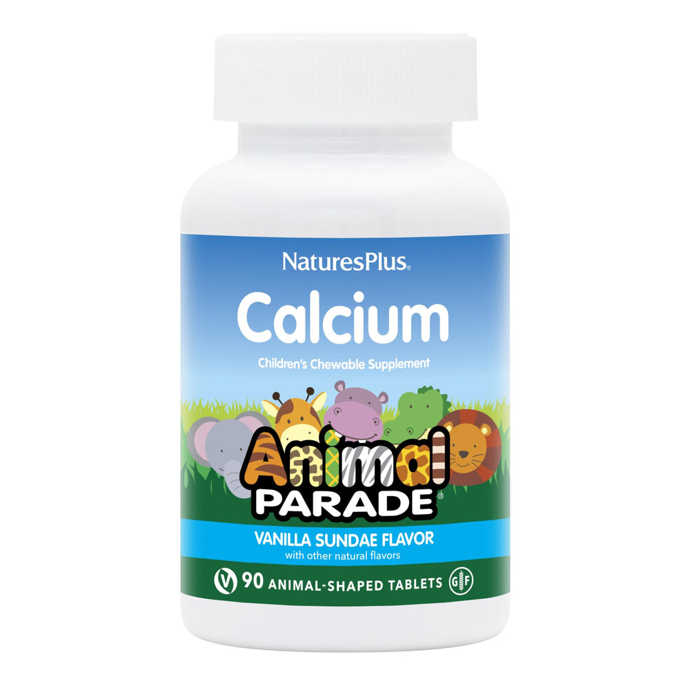 NaturesPlus Animal Parade Calcium bottle with animal-shaped tablets and vanilla sundae flavor