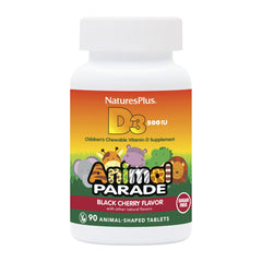 NaturesPlus Animal Parade D3, botella con 90 tabletas masticables para niños, apoyando la absorción de calcio.