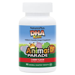 NaturesPlus Animal Parade DHA cherry bottle for kid-friendly omega-3 nutrition.