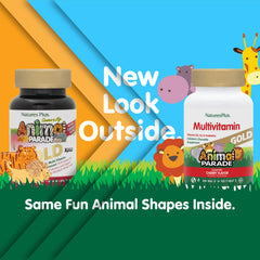 NaturesPlus Animal Parade Gold animal-shaped chews arranged for kids' daily routine