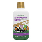 NaturesPlus Animal Parade Gold bottle shows tropical berry flavor for kids.