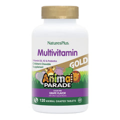 NaturesPlus Animal Parade Gold bottle with grape-chewable tablets for daily nutrition.
