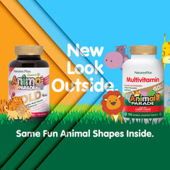 NaturesPlus Animal Parade Gold cherry-flavored tablets in fun animal shapes for daily nutrition.