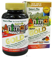 NaturesPlus Animal Parade Gold chewables in a front-jar view; kid-friendly daily multivitamin.