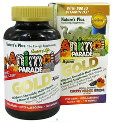 NaturesPlus Animal Parade Gold nutrition label close-up; vegan and gluten-free formulation.