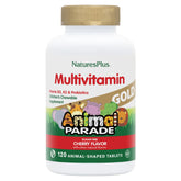NaturesPlus Animal Parade Gold bottle with cherry-flavored, animal-shaped tablets for daily kid nutrition.