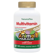 NaturesPlus Animal Parade Gold bottle with cherry-flavored, animal-shaped tablets for daily kid nutrition.